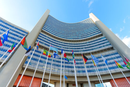 Vienna, Austria - February 25, 2026: Vienna International Centre VIC United Nations Building and Flags