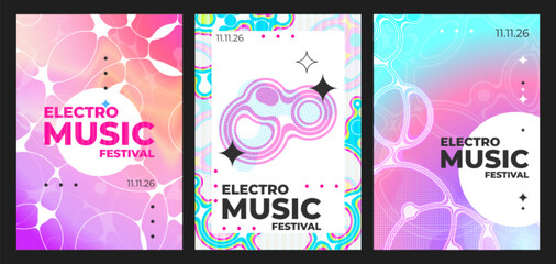 Abstract music poster with colorful geometric patterns, halftone and gradient, retro vector background set. Modern sound design for party flyers, concert invitations electronic music events