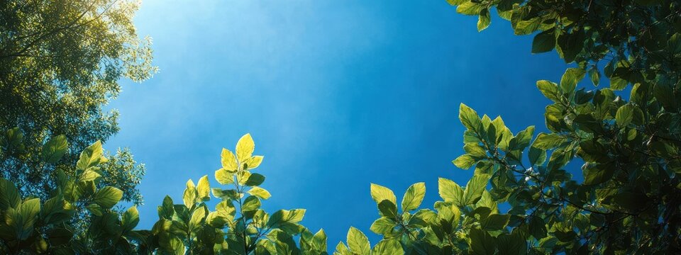 Sunlit green tree leaves and branches framing a clear bright blue sky, tranquil upward canopy view conveying peace and freshness