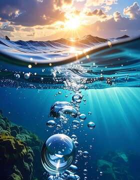 A serene underwater scene with a sunlit ocean surface