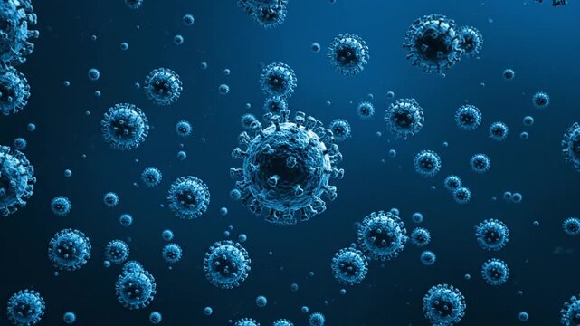 Microscopic visualization of numerous active viral particles in a fluid environment, representing a rapidly spreading infectious disease or global pandemic