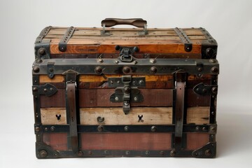 Antique wooden travel trunk with metal straps and rivets, isolated on white background