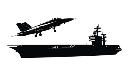 Military aircraft flies over naval ship a striking black silhouette © Rita