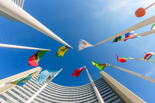 Vienna, Austria - February 26, 2026: International Flags at UN Vienna International Centre Austria