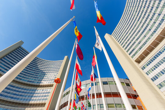 Vienna, Austria - February 26, 2026: National Flags at Vienna International Centre UN Headquarters
