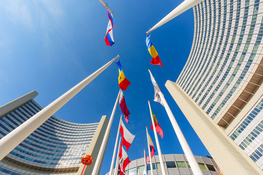 Vienna, Austria - February 26, 2026: United Nations Headquarters Vienna International Centre Flags