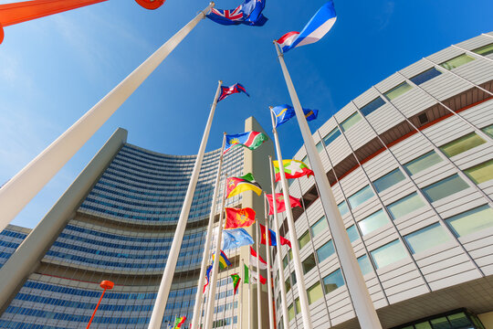 Vienna, Austria - February 26, 2026: Vienna International Centre VIC headquarters with national flags