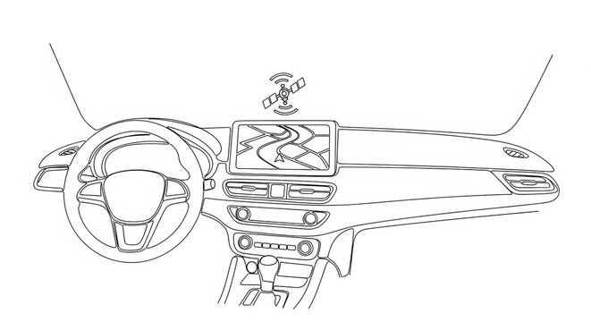 Modern Car Dashboard with Navigation System and Steering Wheel - Line Art