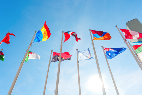 Low Angle View of International Flags at UN Headquarters in Vienna