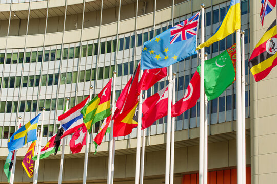 Vienna, Austria - February 26, 2026: International Flags at Vienna International Centre UN Headquarters