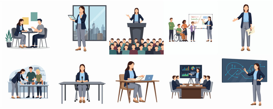 Flat Style Business People in Meeting and Presentation Illustration Set