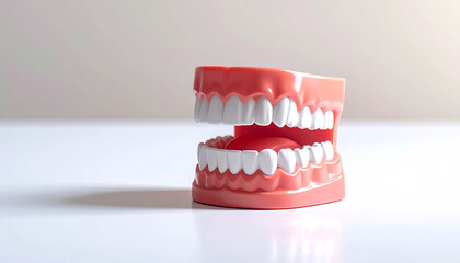 A Realistic Dental Model Displaying a Full Set of White, Healthy Teeth and Gums Against a Clean, Bright Background