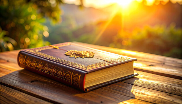An ancient, ornate book rests on a rustic wooden table, bathed in the warm, golden light of a serene sunset, evoking a sense of timeless wisdom and peaceful contemplation amidst nature's beauty