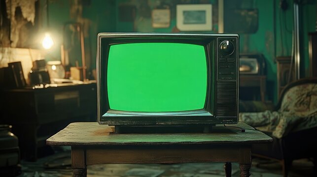 vintage cathode ray television with a bright green blank screen on a worn wooden table in a dimly lit cluttered retro living room, warm lamp glow and a nostalgic eerie atmosphere