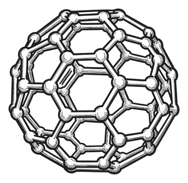 Illustrative graphic of a fullerene C60 molecule or buckyball representing advanced material science and nanotechnology research for educational and scientific publications