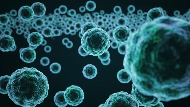 Close-up of vibrant micro-organisms or cellular structures, showcasing intricate biological processes and scientific research in a fluid, abstract environment