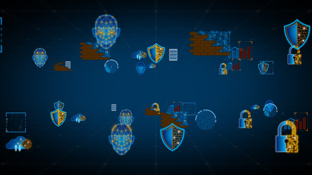 Security technology icons with biometric face scan shield lock and digital protection elements in cyber network
