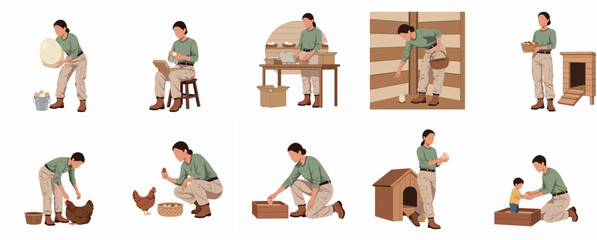 Flat Style Detailed Farmer Activity Chicken Coop and Egg Harvesting Set © Hurricanne