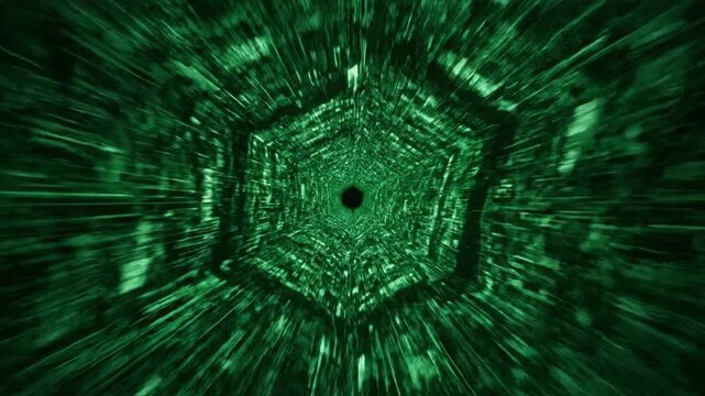 Hyperspace journey through a vibrant green digital wormhole, an abstract gateway into a futuristic data stream and technological frontier with endless motion