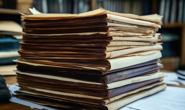 Tall stack of aged paper folders and leather-bound files on a wooden desk with scattered documents and blurred library shelves in the background, evoking archival nostalgia and quiet focus