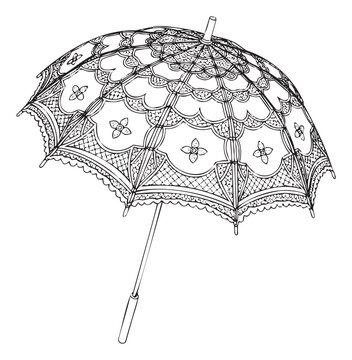 Detailed ornate parasol design featuring intricate lace and delicate floral motifs, ideal for elegant textile prints, wedding invitations, or sophisticated craft projects.