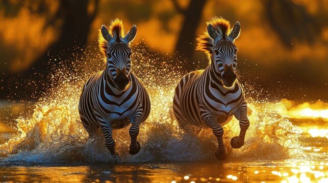 Two zebras galloping through shallow water at golden sunset, splashing and backlit by glowing light, conveying dynamic energy and wild freedom