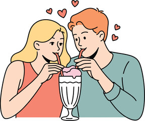 Fototapeta premium Romantic Young Couple Sharing a Milkshake with Two Straws, Concept of Sweet Relationship Date and Love, Joyful Couple Enjoying Dessert Together, and Heartfelt Connection Vector Illustration