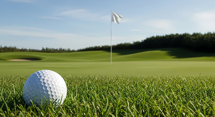 Obraz premium Golf ball on green grass near the hole, golf course landscape, sunny day