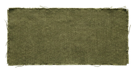 Frayed olive green canvas fabric patch on transparent background