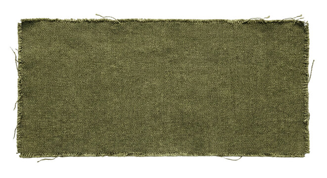 Frayed olive green canvas fabric patch on transparent background