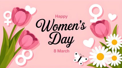 Happy Womens Day Celebration with Flowers and Symbols