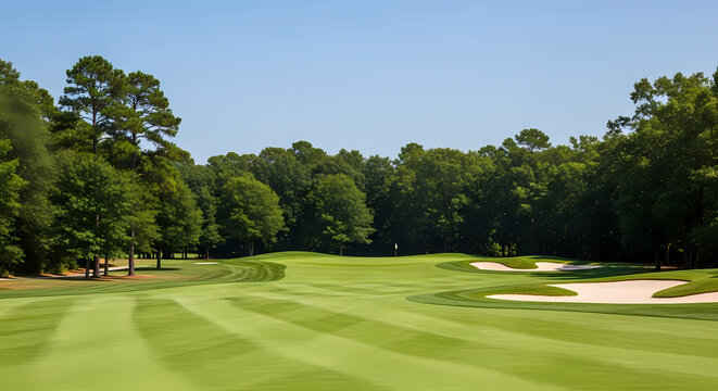 Golf Course Landscape Lush Green Fairway, Sand Trap, and Trees under a Blue Sky