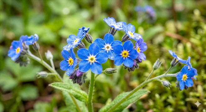 Blue forget-me-not flowers with water drops in garden, Myosotis sylvatica
