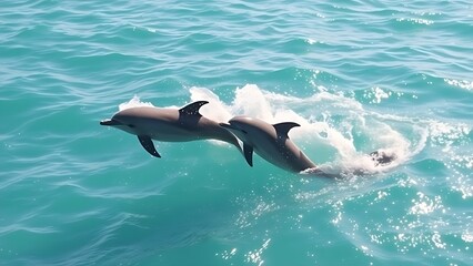 Fototapeta premium unanimity. Three dolphins leaping together in clear blue ocean water under sunlight. wildlife magazines, conservation campaigns, designed for eco-tourism storytelling, supports conservation.