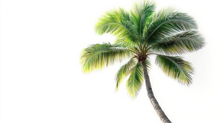 Obraz premium Single leaning tropical palm tree with textured trunk and vibrant green fronds against a bright white sky, conveying calm, airy tropical serenity