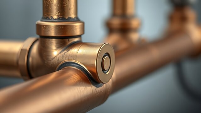 flippant. Close-up of a shiny brass joint connecting two copper pipes. safety posters, maintenance manuals, designed for industrial assembly lines and welding operations, used by engineers.