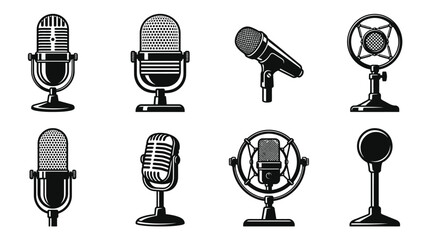 Vintage and modern microphones in a black and white illustration © Pk vectors studio