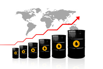Crude oil prices go up. Crude oil barrels on a white background with soft reflection