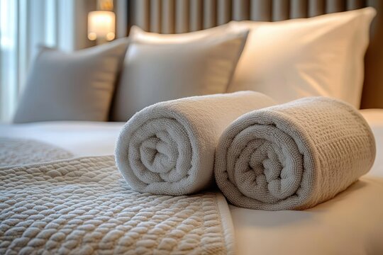 two rolled white towels on a neatly made bed with quilted runner, plush pillows and warm soft lighting creating a cozy inviting and relaxing bedroom atmosphere