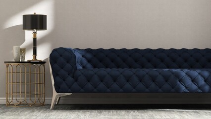 Luxury, elegant navy blue button-tufted pattern sofa, side table, lamp in living room in sunlight...