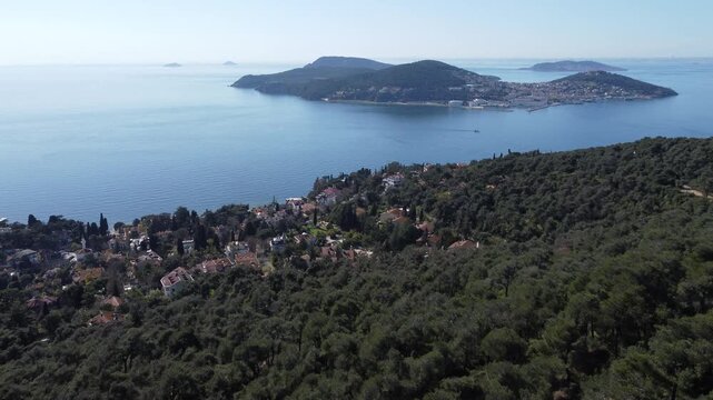 Drone flight under prince island in Istanbul Turkey on a sunny day. 4K