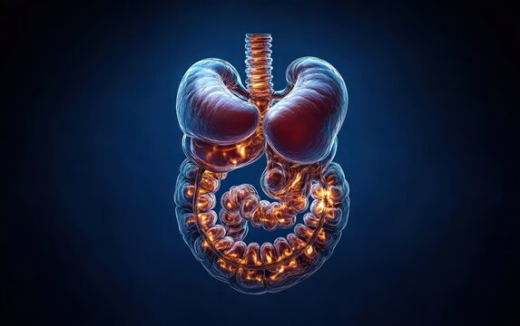 Translucent glowing human abdominal organs showing coiled small and large intestines with colon and paired bean-shaped kidneys above a vertical spinal column, scientific and mysterious