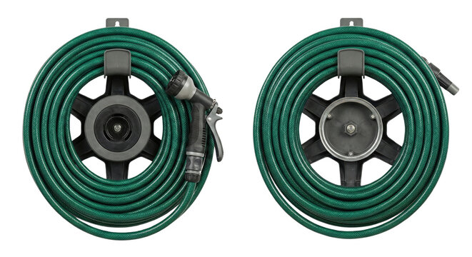 Green garden hose on reel with nozzle on transparent background