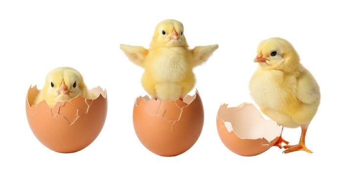 Three fluffy yellow chicks emerge from cracked eggshells. One chick stands proudly on a broken shell, while the other two are still partially inside their shells.