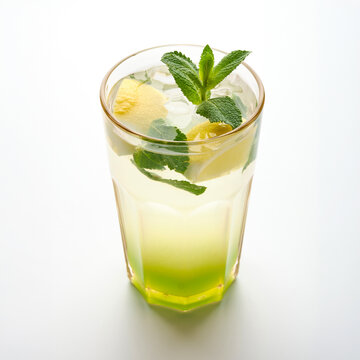 Refreshing drink with mint and pineapple served in a tall glass on a white background in a simple setting