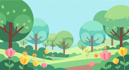 Fototapeta premium A serene landscape with trees, flowers, and a winding path in a peaceful garden scene from a distant viewpoint