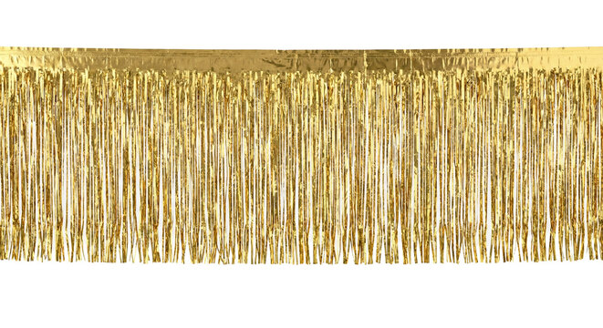 Shining golden foil fringe curtain for party decoration on transparent background