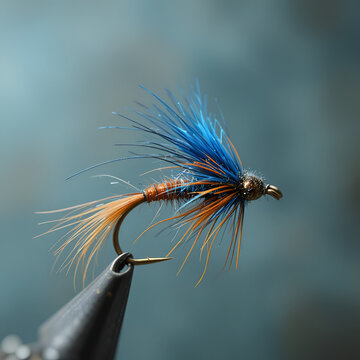 Fly Fishing Lure with Blue and Orange Feathers