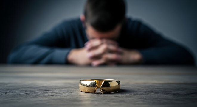 A man sits alone at a wooden table with two broken gold wedding rings in the foreground, viewed from a slight distance.