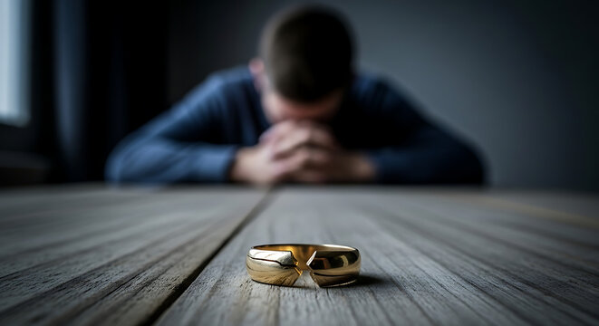 A pair of gold wedding rings on a wooden table with a man sitting in the background looking down in despair